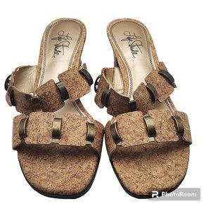 Life Stride Sunset Sandals Size 8.5 M Slides Cork Look Brass Accents EUC
